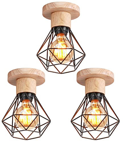 TOKIUS Deckenlampe, 16CM Vintage Deckenleuchte im Industrial Design Retro E27 Lampe aus Holz Eisen Käfig Pendelleuchte Schwarz (3 Stücke)