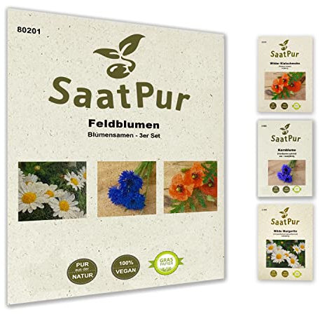 SaatPur® Saatgut Feldblumen 3er Blumensamen-Set für ca. 150 Pflanzen, je Sorte ca. 50: Kornblume, Wilde Margerite, Klatschmohn, als Schnittblumen geeignet, nachhaltige Graspapier-Verpackung