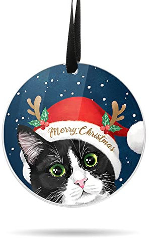 WIRESTER Ornamenti da appendere per albero di Natale, feste, auto, casa, ufficio, grandi 7,6 cm, in acrilico, pronto da appendere, gatto nero bianco e nero felice con cappello di Natale