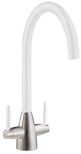 Liquida LB01WH Swan Neck Twin Lever Brushed Steel and White Kitchen Tap