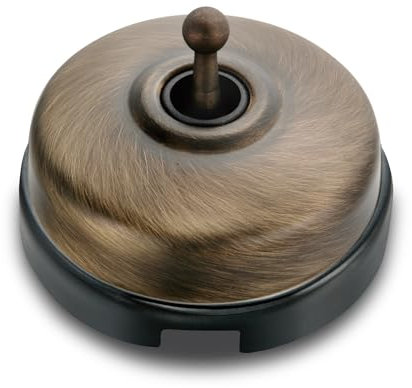 Fontini Interruptor - conmutador vintage Dimbler para pared - Estilo retro para hogares, hoteles, casas rurales u oficinas - Base de porcelana negra cúpula patiné satinado manecilla latón envejecido