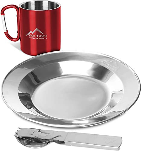 normani Outdoor Camping Geschirrset bestehend aus Besteck + Teller + Tasse mit Karabinerhacken + Dosen- und Flaschenöffner - 100% rostfreier Edelstahl Farbe Rot