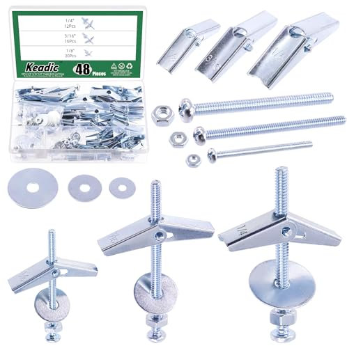 Keadic Assortiment de 48 boulons à bascule de 3 tailles 1/8, 3/16, 1/4 avec écrou papillon et écrous hexagonaux, rondelles, kit de vis d'ancrage creux pour cloison sèche pour cadres, étagères,
