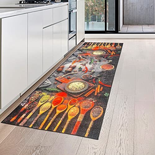 Teppich-Traum Küchenläufer mit rutschfestem Gelrücken waschbar mit Kochlöffeln und bunten Gewürzen, 80 x 300 cm