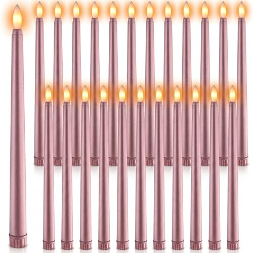 Macarrie 24 Packs Flameless Taper Candles Battery Operated Fake 11 Inch Long Candlelight LED Flameless Candlesticks Flickering Tapered for Summer Fall Wedding(Rose Gold)