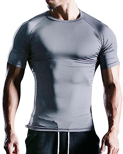 Herren Fest Kompression Grundschicht Kurzarm T-Shirt Bodybuilding Tops Polyester und Spandex Grau L