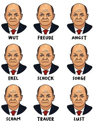 modern times -3er Set Postkarte LUSTIG - Motiv: OLAF SCHOLZ EMOTIONEN, Anlass: Fun, Künstler/Verlag Björn Karnebogen, Größe: A6