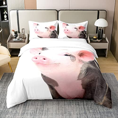 Schwein 100% Gewaschene Baumwolle Bettbezug 135x200 Nettes Schwein Bettwäsche Set Zoo Steppdeckenbezug Glückliche Farm Tier Tröster Abdeckung mit Reißverschluss für Kinder Mädchen mit 1 Kissenbezug