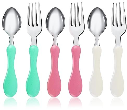 MUNSKT fourchette et cuillère pour bébé, 6pcs en acier inoxydable manche souple nourrir la vaisselle, ustensiles de sevrage vaisselle set pour les jeunes enfants de plus de 12 mois