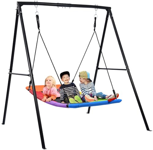 Trekassy Swing Sets for Backyard, 440lbs Heavy Duty A-Frame Metal Stand with 60 Large Platform Swing for Outdoor Playground Park (Black Frame + Rainbow Swing)(Patented)