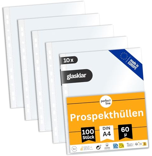 perfect line 1.000 Prospekthüllen A4, Klarsichtfolien Glasklar, 60 my Stark, dokumentenecht, säurefrei - (10 x 100 Stk.)
