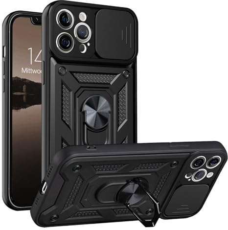 LBH Armor Hülle kompatibel mit Apple iPhone 12 Pro Max Case mit Kameraschutz Outdoor Stoßfest Handyhülle 360 Grad Metal Ring Halter Ständer Schutzhülle für Handyhalterung Auto Magnet Schwarz