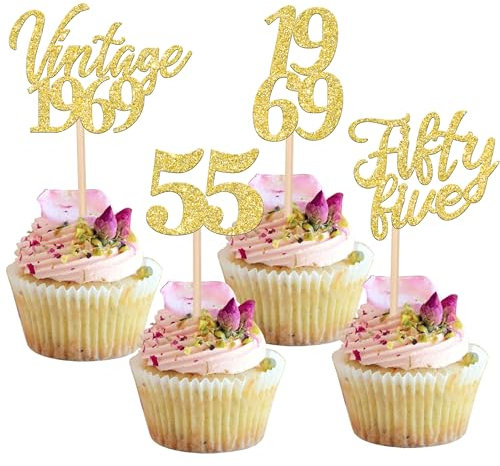 24 Stück Vintage 1969 Tortendeko Glitzer 55 Fifty Five Geburtstag Cupcake Toppers Awesome Since 1969 Fabulous 55 Kuchen Deko for 55th Geburtstag Jahrestag Party Kuchen Dekoration Gold