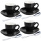 homEdge Espresso-Schnapsbecher-Set aus Porzellan mit Untertassen und Edelstahllöffeln, 80 ml, Schwarz, 4 Stück