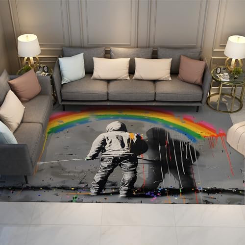 HOBBOY Grauer Teppich Straße Graffiti Dekor Fußmatten Regenbogenmuster Teppich für Kinder Jungen Mädchen Wohnzimmer Schlafzimmer Faltbarer Teppich 160 x 200 cm