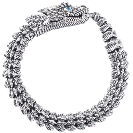 Flongo Schlange Gotik Armband für Herren: Wikinger Edelstahl Flexibel biegbar Ouroboros Armband mit Gold Hörner Schlangenkette Schlangenarmband Punk Bully Vintage Mystery Armkette Armreif Silber