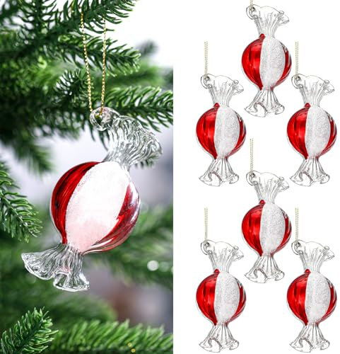 Syhood 6 Stück Weihnachtskugeln in Rot und Weiß gestreift, Pfefferminzbonbons, Hängeornament-Set, 8,9 cm, Süßigkeitenkugeln, Weihnachtsdekoration für Weihnachtsbaum, Party, Urlaub, Innendekoration