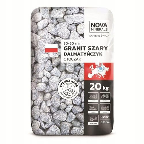 NovaMinerals Grauer Granitkies Dalmatiner 30-60mm - 20kg | Hochwertige Rundliche Kieselsteine für Garten & Landschaftsgestaltung | Strapazierfähiger Zierkies für Moderne Gartengestaltung & Gehwege