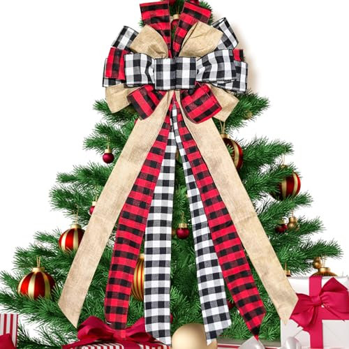 Large Christmas Tree Topper 13 x 30 Inch Red and Black Burlap Buffalo Plaid Bow Rustic Farmhouse Holiday Decoration for Wreaths, Garlands, Front Door, and Outdoor Decor