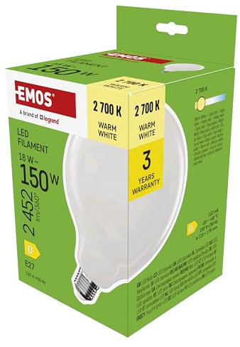 EMOS LED Lampe Edison G125, 18W Ersatz für 150W Glühbirne, milchige Glühlampe Globus mit E27 Sockel und Helligkeit 2452 lm, Warmweiß 2700 K, 25000 Stunden Lebensdauer, CRI > 80, 360° Abstrahlwinkel