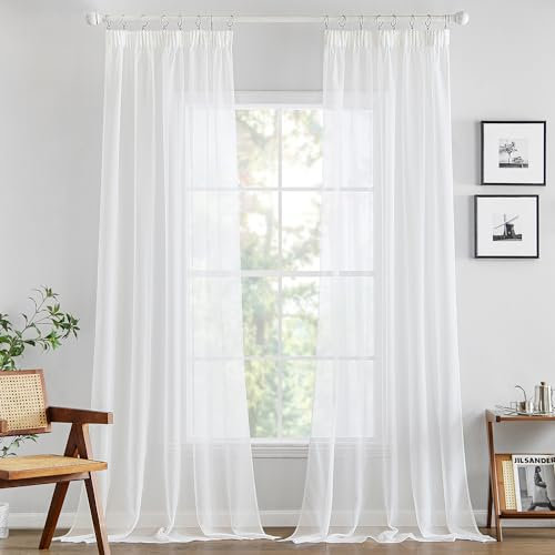 MIULEE Gardinen Vorhänge mit Kräuselband Vorhang Transparente Gardine aus Einfarbig Transparent Sheer Voile Wohnzimmer Luftig Dekoschal für Schlafzimmer 2er Set 300 x 140cm (H x B) Weiß