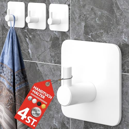 4smile Handtuchhalter ohne Bohren, 4er-Set in Weiß - Edelstahl Badezimmer Handtuchhalter, Klebehaken mit guter Tragkraft - Haken selbstklebend, wasserfeste Haken als Handtuchhaken für Bad, Küche