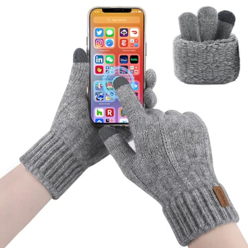2XK-NOV 1 Paar Touchscreen strickhandschuhe,Winterhandschuhe mit Fleecefutter (Handflächenumfang 16-22 cm),wollhandschuhe,fäustlinge handschuhe für Damen,herren,Outdoor (grau, Einheitsgröße)