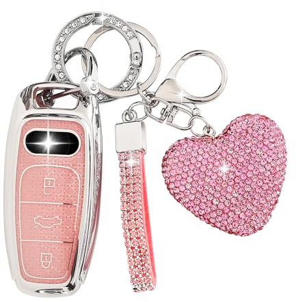ZVRSUA Coque de Clé de Voiture pour Audi,Porte Clés Voiture Amour Strass,Étui de Clé Voiture Compatible avec Audi A6L, A6, A7, A8, Q7, Q8, E-Tron, S6, RS6, S7, RS7, SQ7, SQ8 (Rose)
