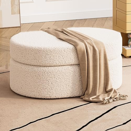 Teddy Sherpa Storage Ottoman Bench,oval Boucle Upholstered Ottoman,end Of Bed Bench With Storage,entryway Bench,multifunctional Foot Rest Coffee Table For Bedroom, Living Room(60cm/23.6, White)