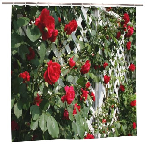 YUAOEUR 3D Garden Shower Curtain 79x72 Inch Red Rose Flower And Green Leaf Picture Outdoor Garden Green Trees Bathroom Personalized Decor Fabric with Hook