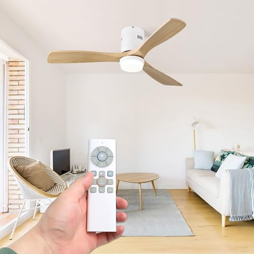 HYBEC - Lustre ventilateur de plafond bois naturel avec telecommande, ventilateur silencieux pour salon, ventilateur plafond avec lumiere à intensité réglable (Bois Naturel)