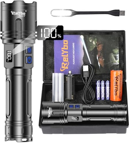 Relybo Linternas LED Alta Potencia 1,000,000 Lumen, XHM90.2 Linterna LED Recargable, Linterna Potente Tactica Pilas, 2 Interruptores VariacióN Infinita Linterna Tactica Militar Para Emergencia Camping