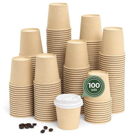 Maxi Products - 100 Vasos Cartón Kraft + Tapa Blanca - 120 cc (4 oz) - Vasos Desechables para Café para Llevar - Reciclables - Apto Alimentos Calientes - TAKE AWAY