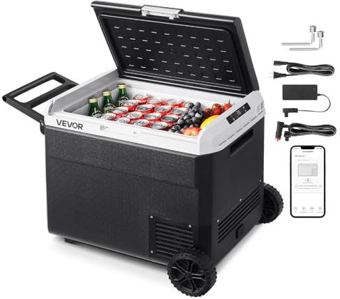 VEVOR Frigorifero a Ruote per Auto Portatile, Frigo Portatile con Ruote Maniglia Capienza 60 Litri, Congelatore a Compressore 12/24V CC 100-240V CA da Esterno Campeggio Picnic, Frigorifero per Camper