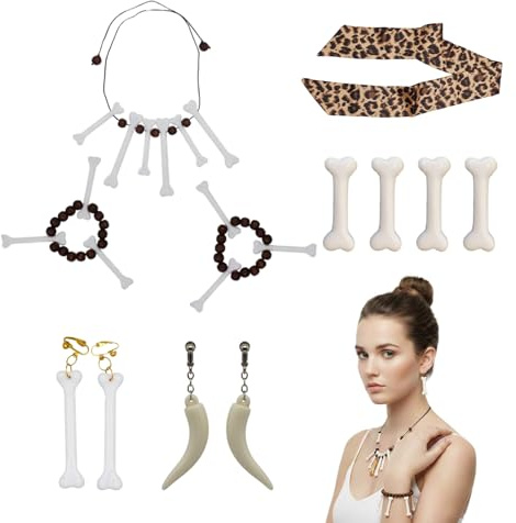 Steinzeit Kostüm Zubehör Set 12-teilig – Knochen Haarspangen Knochen Halskette Leopardenmuster Schal Knochen Armbänder Ohrringe – Ideales Set für Halloween Verkleidung Steinzeit Mottoparty D