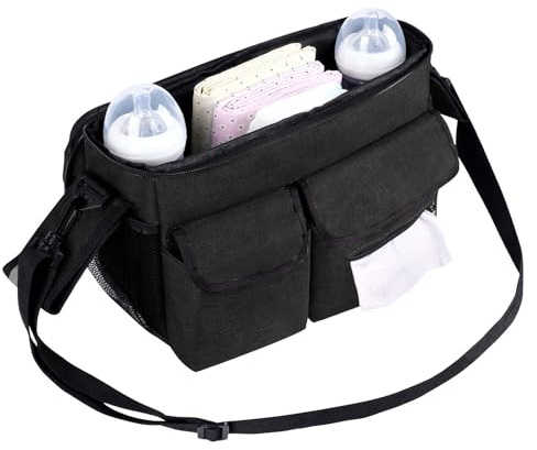 Eclove Kinderwagen Organizer Universal,Umhängetasche Kinderwagentasche, Große Wickeltasche Kinderwagen, mit Isolierten Getränkehalter,mit Reißverschlusstasche, Schultergurt, für Fast Alle Kinderwagen