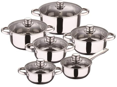 Well Home Ensemble de batterie de cuisine 12 pièces en acier inoxydable avec bases à induction et poignées ergonomiques