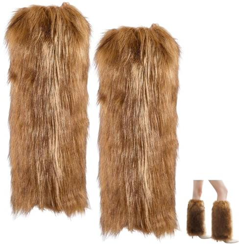 CABODYALS 1 Pair Faux Fur Leg Warmers Brown Furry Leg Wrist Cuffs Soft Cozy Winter Fuzzy Warm Long Thick Boot Shoes Covers Vintage Plush Socks Sleeves for Women Costumes Christmas Party Accessories