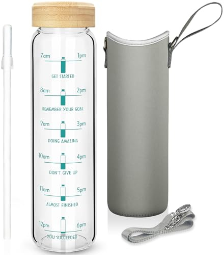 Ferexer 1 Liter Trinkflasche Glas mit Strohhalm & Zeit Markierung, 1L Motivierende Wasserflasche Glas mit Schutzhülle, Borosilikat Glas Flasche für kohlensäurehaltige Getränke, Auslaufsicher