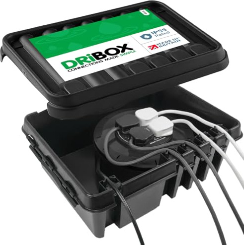 DRiBOX – Large Black IP55 Weatherproof Outdoor Electrical Connection Box 40 x 31 x 14.5cm – Power Cord Enclosure for Christmas Lights, Timers, Extension Cables, Leads, Reels, Transformers (2 Boxes)