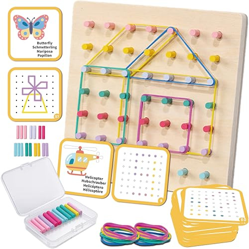 Wooden Peg Board and Geoboard for Kids Age 5+, Fine Motor Montessori Toy | 2-in-1 educational toys with 49 pegs, 60 cards, rubber bands and storage box for shape building and Brain Teaser STEM Puzzle