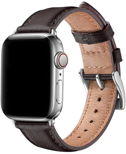 SUNFWR Leather Straps for Apple Watch Straps 46mm(Series 11/10) 49mm 45mm | 44mm 42mm(Series 1/2/3),Men Women Replacement Leather Strap for iWatch Series Ultra 11 10 9 8 7 6 5 4/SE,Cofee/Silver