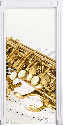 Stil.Zeit Möbel Saxophon auf Notenpapier als Türtapete, Format: 200x90cm, Türbild, Türaufkleber, Tür Deko, Türsticker