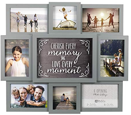 Malden International Designs Gray Cherish Every Moment 8-Opening Sentiment Dimensional Picture Frame Wall Collage, 8372-08