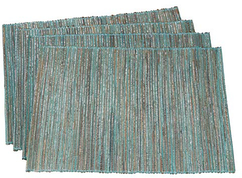 SARO LIFESTYLE 217.TQ1420B Melaya Collection Shimmering Woven Nubby Table Placemats (Set of 4), 100% Water Hyacinth, Turquoise