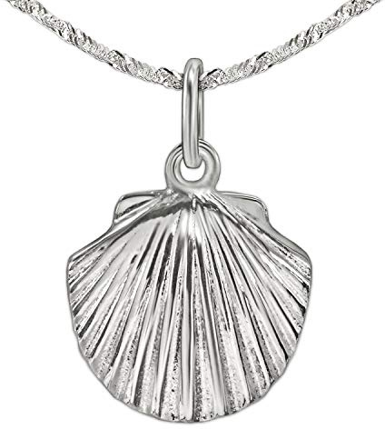 CLEVER SCHMUCK Muschel Kette Silber 20 mm glänzend & Singapurkette 45 cm STERLING SILBER 925 Jakobsmuschel im Etui blau