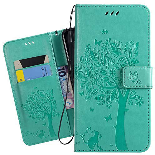 Ougger Funda para Huawei P Smart 2019 Carcasa, PU Piel Tapa Billetera Cuero Magnética Cover Protector Suave TPU Silicona Carcasa para Huawei P Smart 2019 con Tarjeteros, Gato y árbol (Verde)