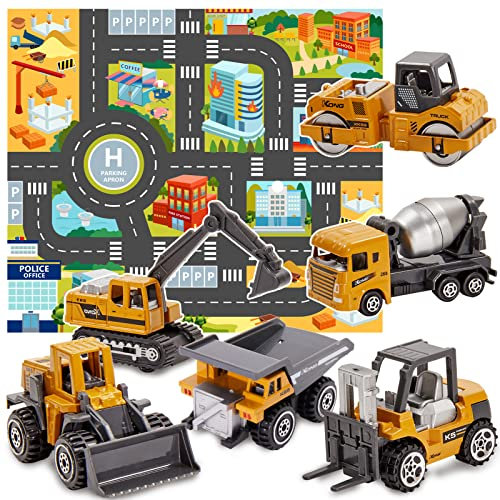 HERSITY Camion Costruzione, 6 Pezzi Mini Auto Giocattolo Con Mappa, Die-cast Veicoli Macchinine Bambini Escavatore Ruspa Betoniera, Modello Auto Regalo per Ragazzo Bambino 3 4 5 Anni