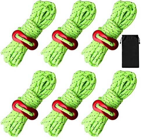 nuoshen Guy Ropes, 6 Pack 4mm Tent Guy Line 13 Feet Reflective Cord Guy Line Tent Guide Rope for Awning Camping (Lemon)