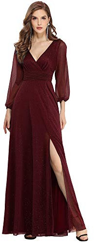 Ever-Pretty Women's V Neck Long Sleeve Elegant Empire Waist Long A Line Bridesmaid Dresses Burgundy 24UK